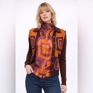 D. Terrell Silk Blend Twinset Geometric Retro Cardigan & Sleeveless Blouse Small